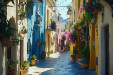 Poster - A vibrant alleyway adorned with colorful buildings and blooming flowers in pots.