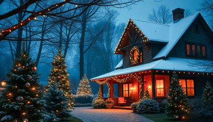 Wall Mural - A house with a porch and a Christmas tree