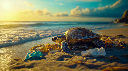 Wall Mural - Photo of a turtle tangled in trash on the ocean shore.