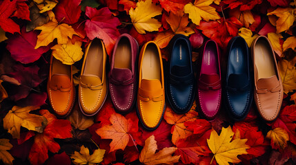 A stylish arrangement of women's loafers set against a backdrop of vibrant autumn leaves.