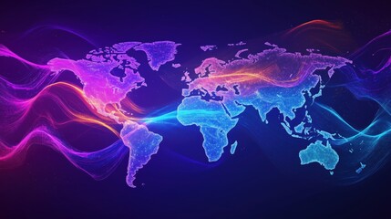 Wall Mural - colorful world map with glowing lines representing connectivity and data flow