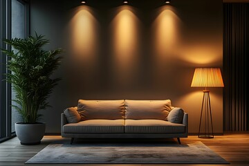 A cozy living room featuring a modern sofa, stylish lamp, and decorative plant, illuminated with warm lighting against a dark backdrop.