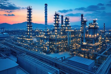 oil refinery working at twilight with city lights in background