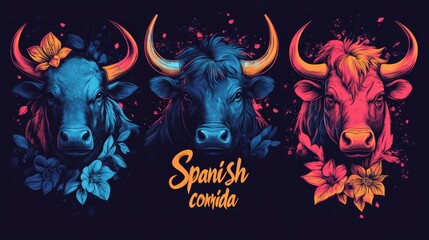 Three colorful bulls staring with flowers around and spanish corrida text