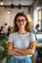 A woman with glasses and a smile, wearing a white shirt and blue jeans, stands in a modern office with plants and other people in the background