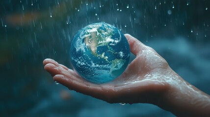 Environment Earth Day In the hands holding earth with Heavy rain and storm,Saving environment,Global Warming,environmentally sustainable,Save Earth,Disaster,Concept the Environment World Earth Day.