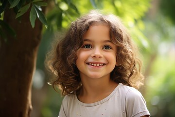 Portrait of a cute little girl with curly hair in the park