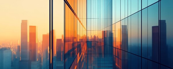 Geometric glass architecture bathed in warm and cool hues, abstract city background for business and professional themes