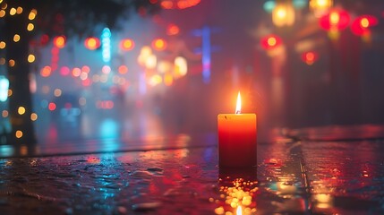 Wall Mural - Chinese candle atop a foggy scene of colorful lights at night