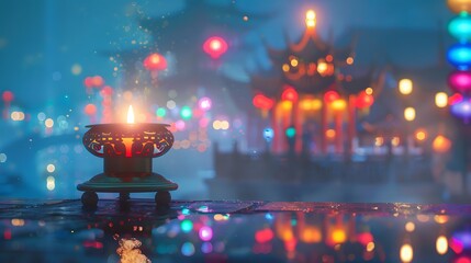 Wall Mural - Chinese candle atop a foggy scene of colorful lights at night