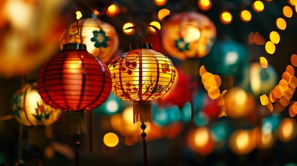 Chinese lamps in the common asian shape a joyful scene to mark the the moon celebrations