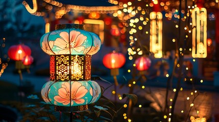Wall Mural - Chinese lamps in the common asian shape a joyful scene to mark the the moon celebrations