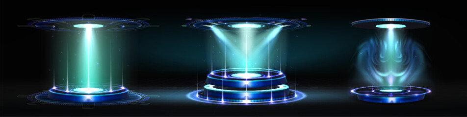 Wall Mural - futuristic light portals set isolated on black background. vector realistic illustration of round il