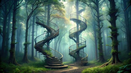 Wall Mural - eerie and mystical forest landscape with twisted spiral staircases, foggy atmosphere