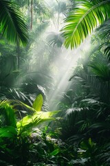 Wall Mural - A lush rainforest filled with vibrant green leaves and plants, illuminated by soft sunlight breaking through the dense canopy at dawn