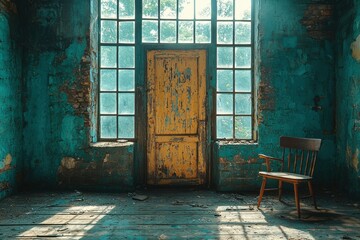 Wall Mural - Abandoned Room with a Single Wooden Chair and Peeling Paint