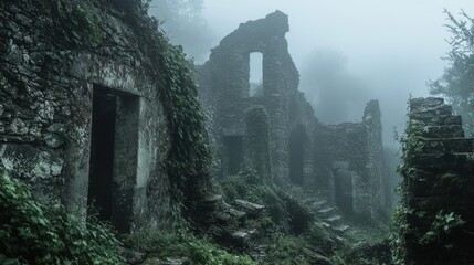 Stone Ruins Enveloped in Misty Fog