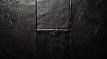 Close up of textured black leather surface with structured panels and subtle patterns