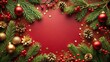 © yuwaree - Enchanting Christmas frame with pine berries and golden touches on red tilted angle