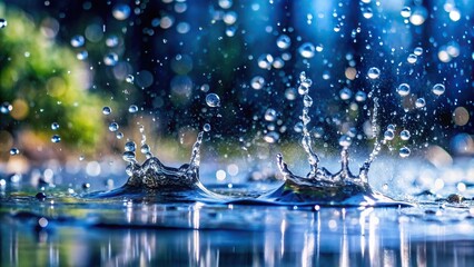 Large rain droplets falling creating splashes on ground