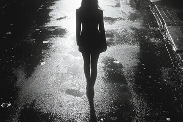 Wall Mural - Silhouette of a woman walking on a wet street at night