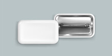 Mockup of white rectangular pin badge displaying back view with metallic clasp and smooth blank surface ready for customization. Realistic 3d vector brooch for visualizing logo or branding concept.