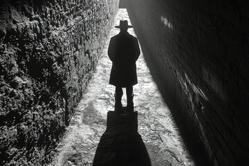 Wall Mural - A Silhouetted Figure Walking Through a Narrow, Dark Alleyway