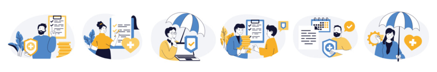 Poster - Insurance concept set with characters in flat design for web. People concludes agreement of healthcare policy, medicine support, using assurance services for financial savings. Vector illustrations.
