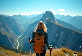 The back of woman hiker with backpack and hiking poles, standing on the edge of mountain with mountain valley on blue sky background