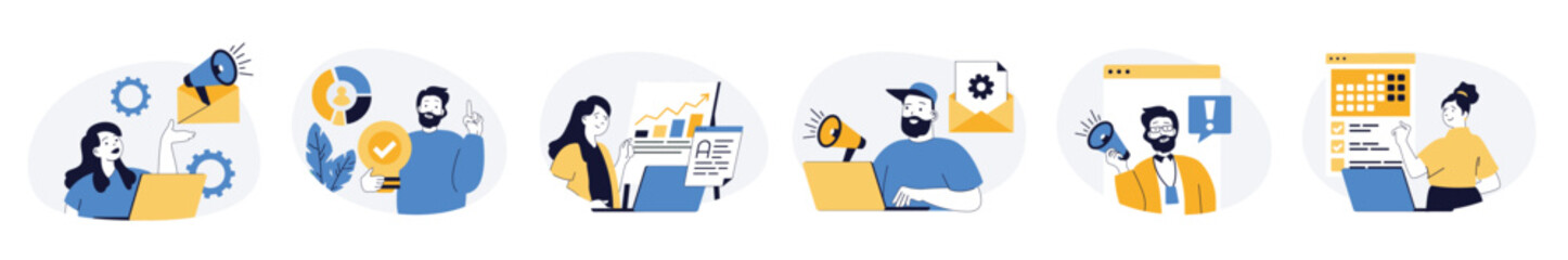 Fototapete - Marketing and development concept set with characters in flat design for web. People with megaphone making data analysis, creating promotion with content plan and advertising. Vector illustrations.