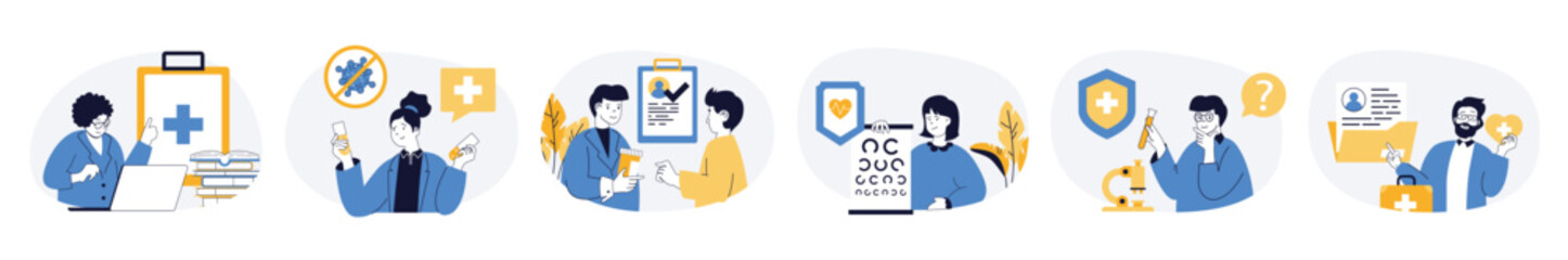 Aufkleber - Medical concept set with characters in flat design for web. People makes diagnosis, prescribes treatments and and prevention procedures, visiting ophthalmologist in clinic. Vector illustrations.