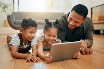 Dad, children and tablet on floor in home for playing games, watching online cartoons and bonding together. Man, happy kids and digital tech in lounge with movie entertainment on streaming service