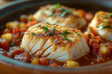 Close-up of Cod Fish in a Savory Tomato Sauce with Herbs