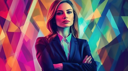 Confident businesswoman portrait, vibrant geometric background, professional attire