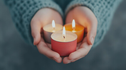 hands arranging bright candles in a pattern, intimate and tradit