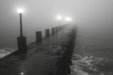 Wall Mural - A Foggy Pier with Streetlights Leading into the Distance