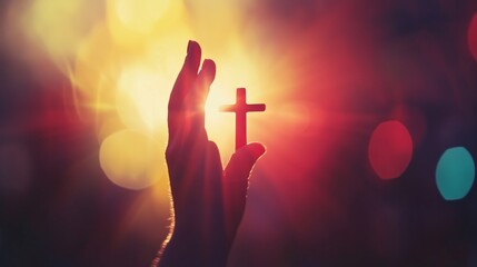 Worship God concept: Silhouette christian people hand rising over blurred cross on spiritual light background