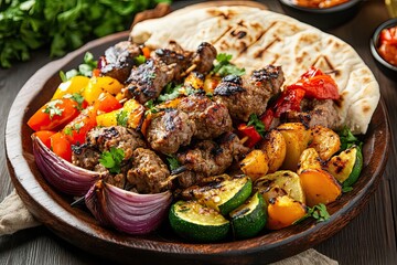 Grilled Meat Skewers with Vegetables and Flatbread