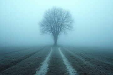 Wall Mural - A Solitary Tree in a Foggy Field with a Path