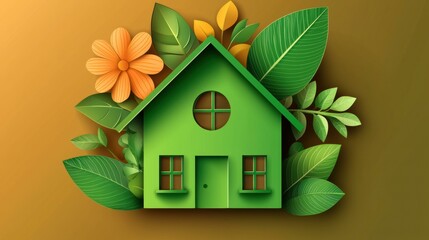 Poster - A green house surrounded by leaves and flowers. AI.