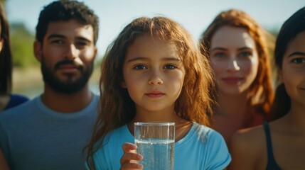 Wall Mural - A young girl holds a glass of water while surrounded by friends. AI.