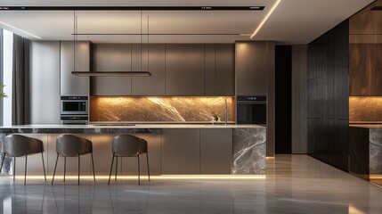 Wall Mural - Modern minimalist kitchen with sleek, polished surfaces and high-end appliances, exuding luxury and refined elegance