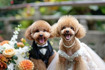 Canvas Print - Two dogs dressed in wedding attire. AI.