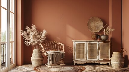 Dark living room interior with mockup in boho decoration and wooden furniture on brown background