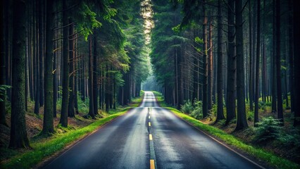 Wall Mural - forced perspective road leading through dark forest