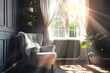© MahmudulHassan - Dark living room interior with comfortable sofa, plants, lamp and sun rays from the window