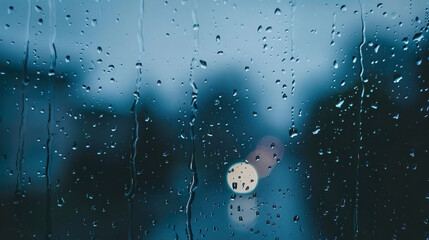 Wall Mural - A window surface with raindrops, dark blue and cloudy sky and night city lights. Blurred bokeh rain background.