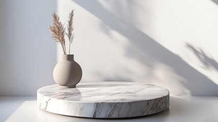 Minimalist round marble table top with soft shadows on a white wall, perfect for product display.