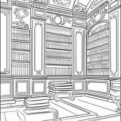 Wall Mural - An enchanted library with moving books and scrolls, anime coloring page for kids, simple outline illustration. Coloring book, simple lines.