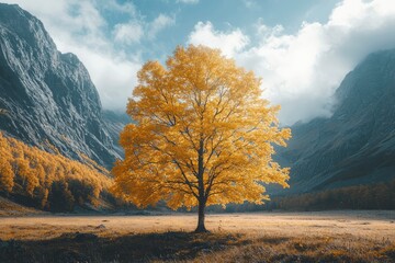 Poster - A Solitary Golden Tree in a Mountain Valley